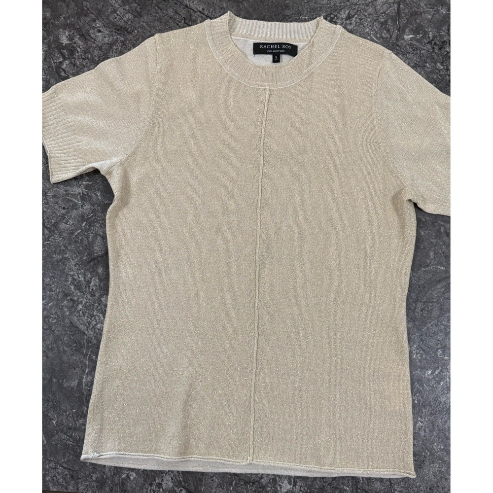 Rachel Roy Collection Womens Short Sleeve Gold Metallic Lightweight Sweater Sz S